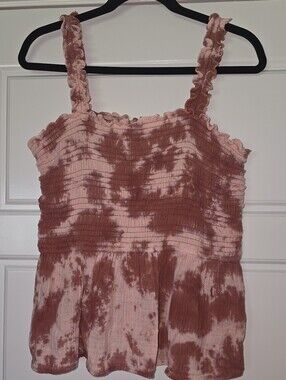 Smocked Tie-Dye Ruffle Strap Tank - Dusty Rose